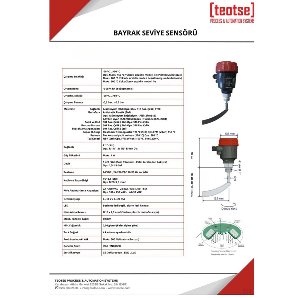 TBS-2-1-1/150 MOTORLU SEVİYE ŞALTERİ 150MM 24VDC BAYRAK SENSÖR