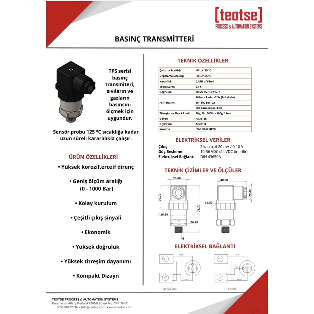 TPS-B01014-A420 BASINÇ TRANSMİTTERİ ( 10 Bar) 4-20mA